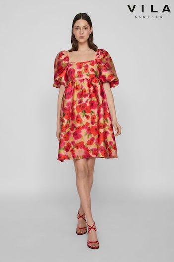 VILA Red Floral Baroque Puff Sleeve Mini Occasion Dress (B96034) | £50