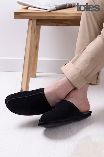 Totes London Black Mens Isotoner Real Suede Mules Slippers (B96041) | £35