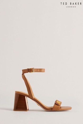 Ted Baker Brown Milliiy Mid Block Heel Pink Sandals With Signature Coin (B96125) | £120