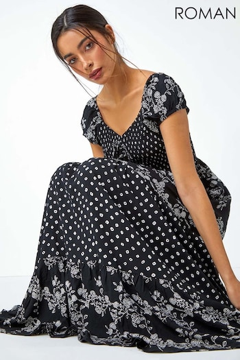 Roman Black Abstract Tie Detail Tiered Maxi Dress (B96145) | £42