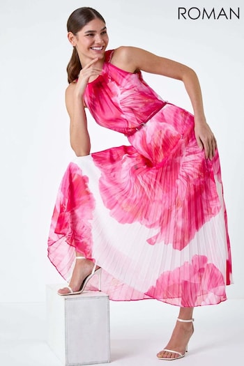 Roman Pink Floral Pleated Halterneck Maxi Dress (B96182) | £80