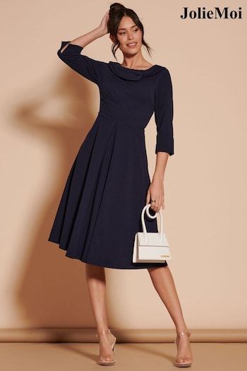 Jolie Moi Blue 3/4 Sleeve Fold Neck Midi Dress (B96185) | £78
