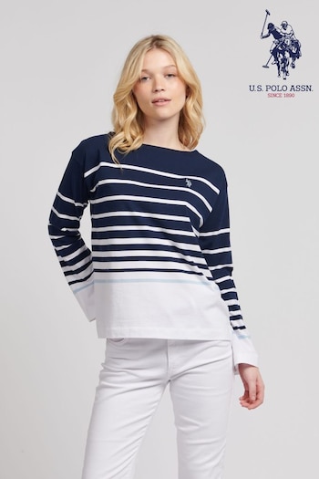 U.S. Polo Rosso Assn. Womens Blue Reverse Stripe Boat Neck T-Shirt (B96438) | £40