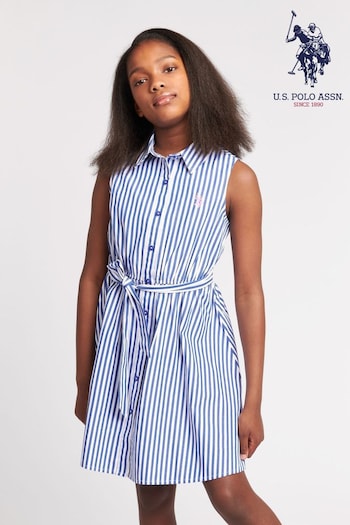 U.S. Polo Assn. Embroidered Blue Striped Sleeveless Shirt Dress (B96655) | £60 - £72