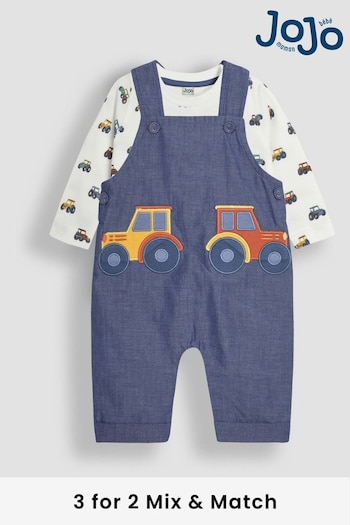 JoJo Maman Bébé Chambray Tractor Appliqué Pocket Dungarees and Top Set (B96680) | £32