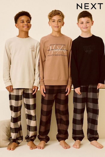 Neutral/Black Woven Check 100% Cotton Pyjamas 3 Pack (3-16yrs) (B96776) | £36 - £45