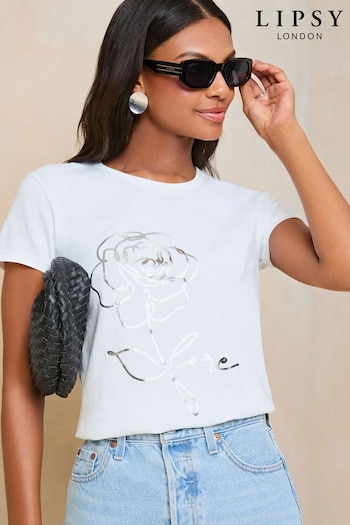 Lipsy White Rose Foil Printed Round Neck T-Shirt (B97229) | £28