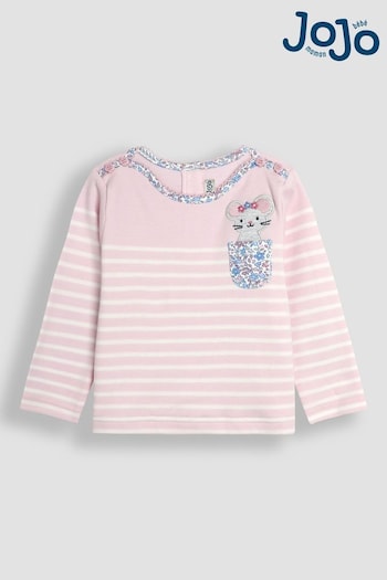 JoJo Maman Bébé Pink Mouse Cotton Long Sleeve Pocket Breton Top (B97273) | £16