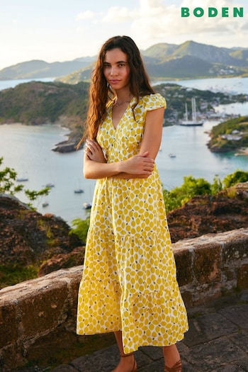 Boden Yellow May Cotton Midi Tea Nostran Dress (B97274) | £110