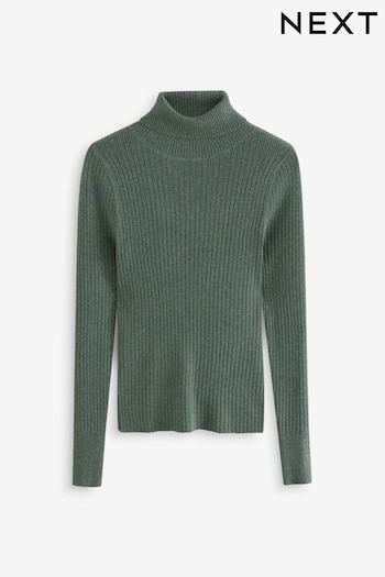 Green Khaki High Roll Neck Rib Knitted Jumper with Wool (B97356) | £20