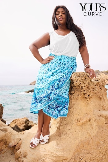Yours Curve Blue Limited Frill Border Wrap Skirt (B97371) | £31