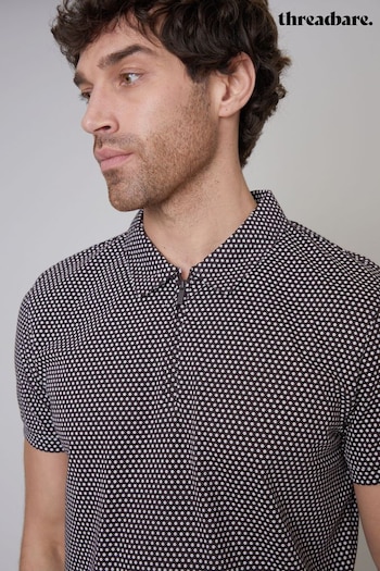 Threadbare Brown Geometric Print Zip Collar Cotton Jersey Polo Shirt (B97402) | £20