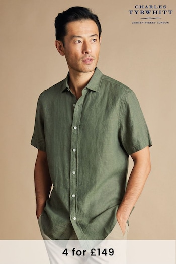 Charles Tyrwhitt Green Slim Fit Plain Short Sleeve Pure Linen Shirt (B97495) | £70