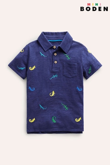 Boden Blue Embroidered Lizard Slubbed Polo Shirt (B97586) | £21 - £23