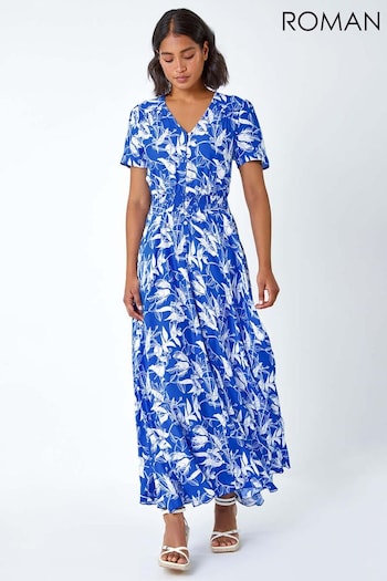 Roman Blue Floral Print Button Detail Maxi Dress (B97610) | £45