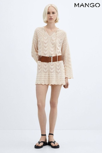 Mango Cream Flared-Sleeve Crochet Dress (B97615) | £50