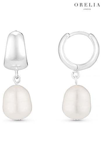 Orelia London Silver Tone Domed Pearl Drop Huggie Hoop Earrings (B97625) | £28