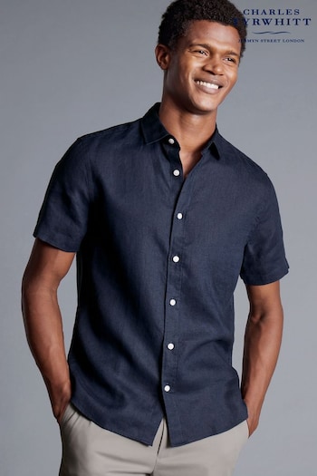 Charles Tyrwhitt Blue Slim Fit Plain Short Sleeve Pure Linen Full Sleeves Shirt (B97677) | £70