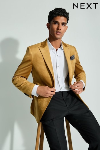 Mustard Yellow Slim Fit Self Lapel Velvet Blazer (B97968) | £89