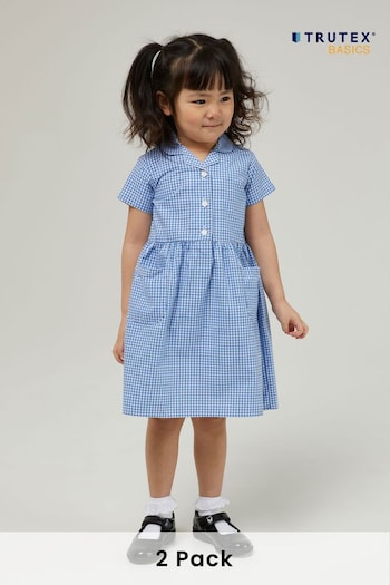 Trutex Blue Gingham 2 Pack Button Front School Summer Dress (B97997) | £28 - £29
