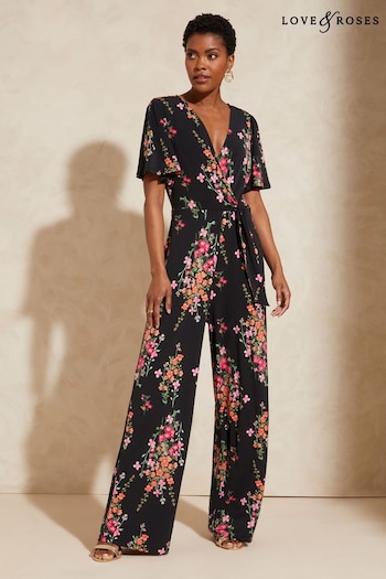 Love & Roses Black Floral Twist Front Jersey Jumpsuit (B98045) | £49