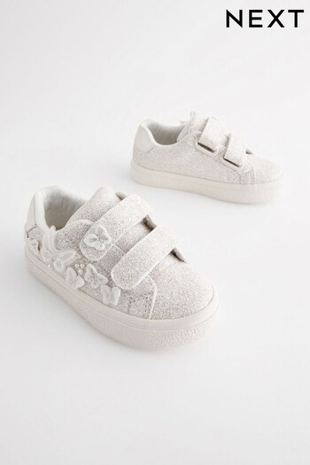 White Glitter Wide Fit (G) Butterfly Touch Fasten Strap Trainers (B98221) | £22 - £25