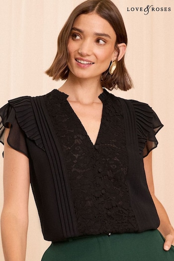 Love & Roses Black Lace Flutter Sleeve Blouse (B98232) | £36