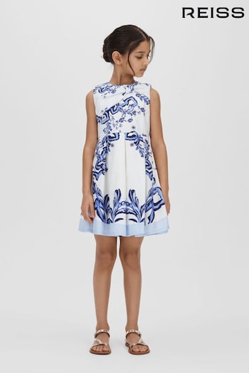 Reiss Blue Print Emiline Junior Cotton Tile Print Pleated Dress (B98244) | £65