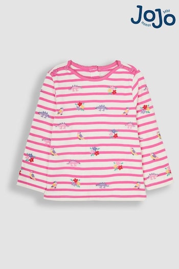 JoJo Maman Bébé Pink Dino & Bird Button Shoulder Long Sleeve Embroidered Top (B98378) | £18