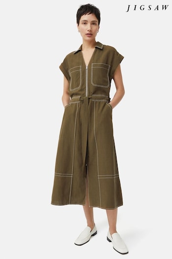 Jigsaw Green Linen Lyocell Stitched Dress (B98452) | £185