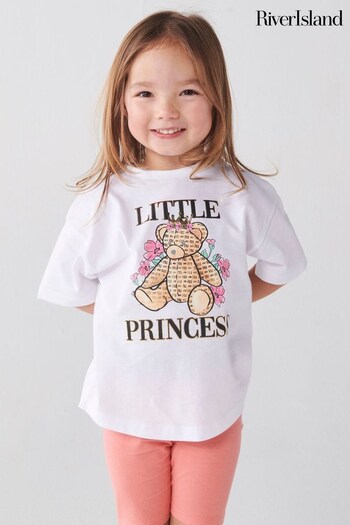 River Island White Mini Girls Princess Floral Bear T-Shirt (B98462) | £10