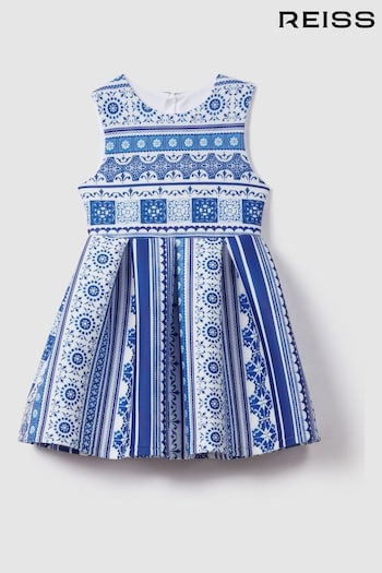 Reiss Blue Print Lena Teen Tile Print Scuba Fit-and-Flare Dress (B98603) | £63