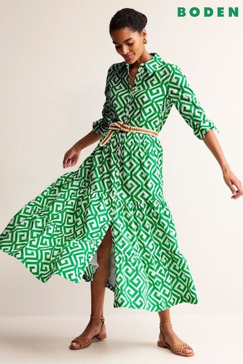 Boden Green Flo Cotton Midi Shirt Home Dress (B98610) | £135