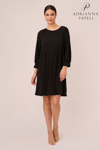 Adrianna Papell Pleated Knit Crew Neck Black Dress (B98658) | £99