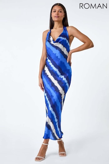 Roman Blue Stripe Print Satin Bias Cut Dress (B98720) | £48