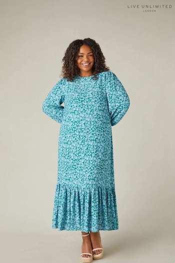 Live Unlimited Blue Curve Multi Ditsy Print Tiered Midaxi Dress (B98817) | £79