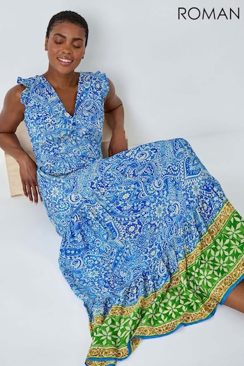 Roman Blue Paisley Frilled Border Print Maxi Dress (B98835) | £42