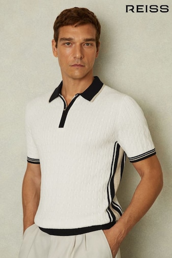 Reiss Off White/Camel/Navy Pulse Cotton Blend Cable Knit Half Zip Polo Organic Shirt (B98927) | £108