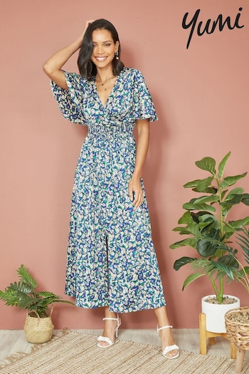 Yumi Blue Satin Ditsy Print Wrap Maxi Dress (B98975) | £55