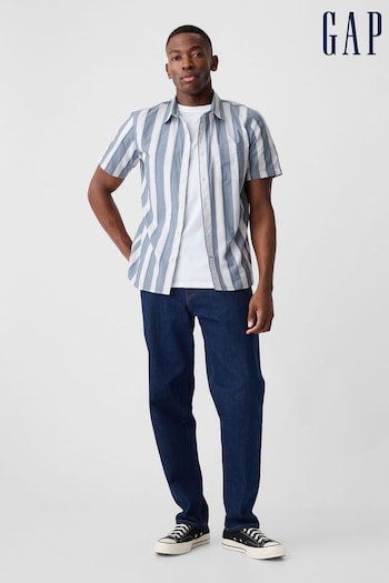 Gap Blue Stripe Standard Fit Stretch Poplin Short Sleeve Shirt (B99112) | £25