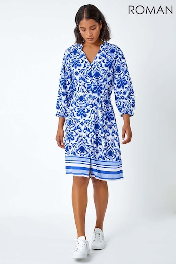Roman Blue Abstract Border Print shirt Shirt Dress (B99179) | £38