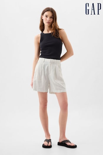 Gap White Stripe High Waisted Linen Blend Pleated Shorts (B99196) | £35