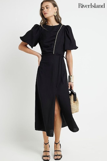 River Island Black Short Sleeve Trim Midi Tea Dress (B99305) | £55