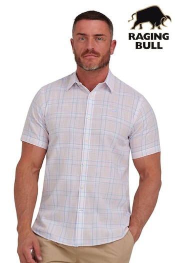 Raging Bull Pink Short Sleeve Plaid Check Linen Look Shirt (B99320) | £64 - £74