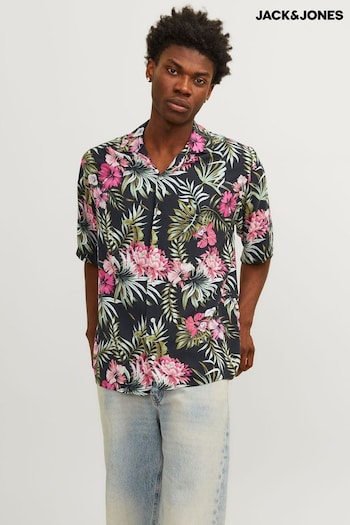 JACK & JONES Black Printed Resort Collar Summer Shirt (B99386) | £28