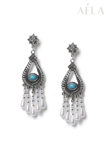 Aela Silver Tone Pearl and Turquoise Stone Drop Earrings (B99429) | £15