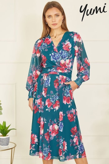 Yumi Green Floral Print Stretch Mesh Dress With Pockets (B99732) | £55