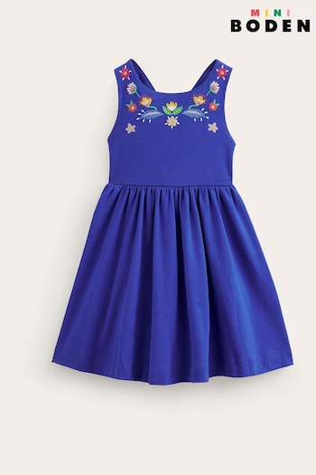 Boden Blue Jersey Embroidered Cross-Back Dress (B99891) | £29 - £34