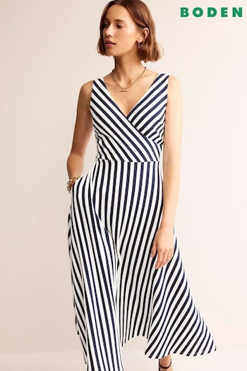 Boden White/Blue Stripe Jersey Wrap Midi Dress (B99996) | £115