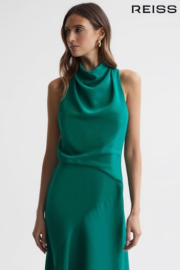 Reiss Green Giana Petite High Neck Draped Midi Dress (BCN066) | £228